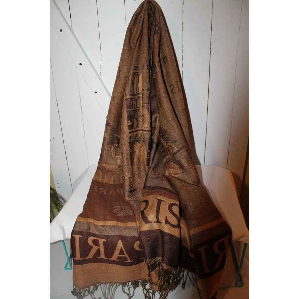 Brown Scarf Wrap Paris Eiffel Tower with Fringe 100% Viscose 70